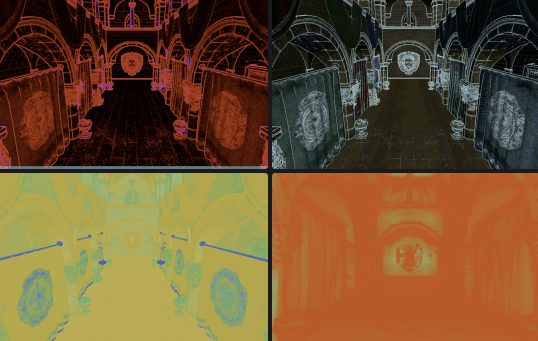 Debug view grid: vertex normals, base color, depth, motion vectors