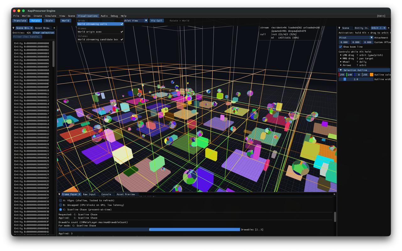 Editor on macOS Metal 4 backend showing world streaming cells, meshlet visualization, and culling stats over a procedural world