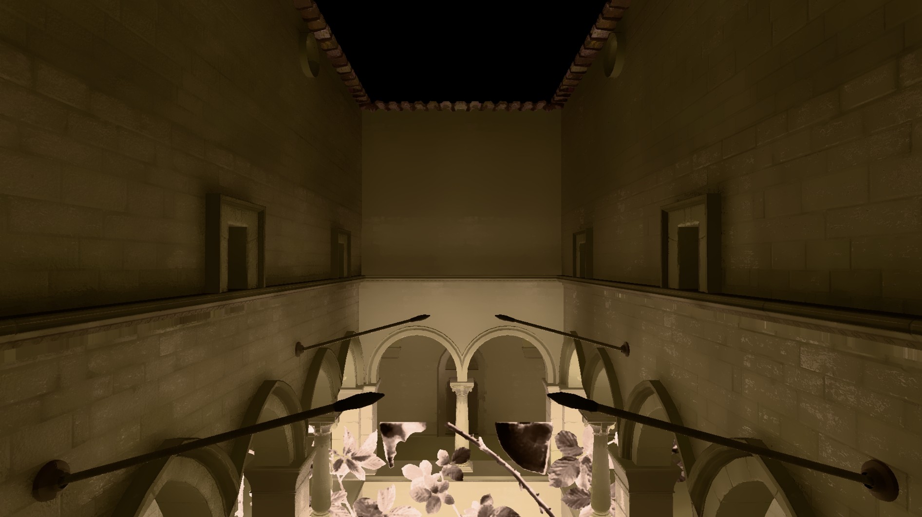 Path-traced render of a Sponza corridor with selection overlay