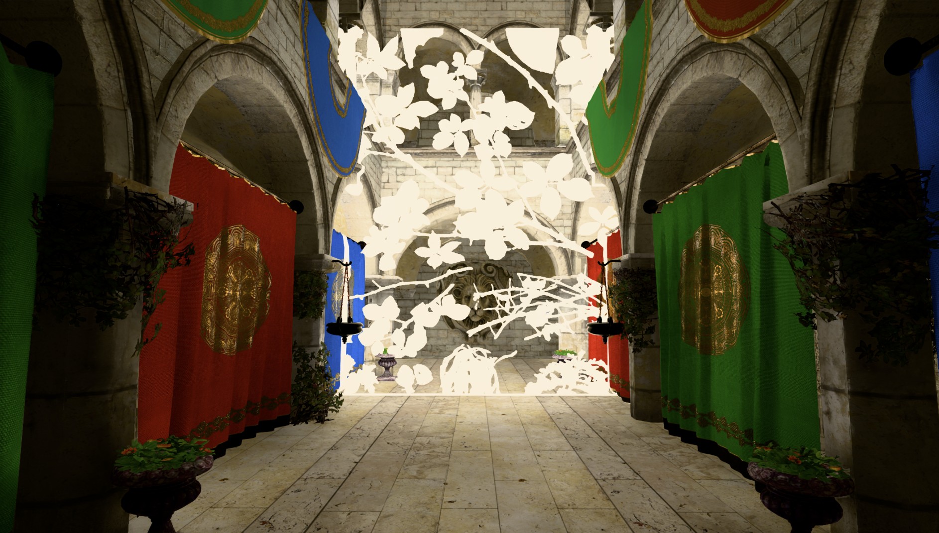 Ray-traced render of a hall with foliage debug overlay